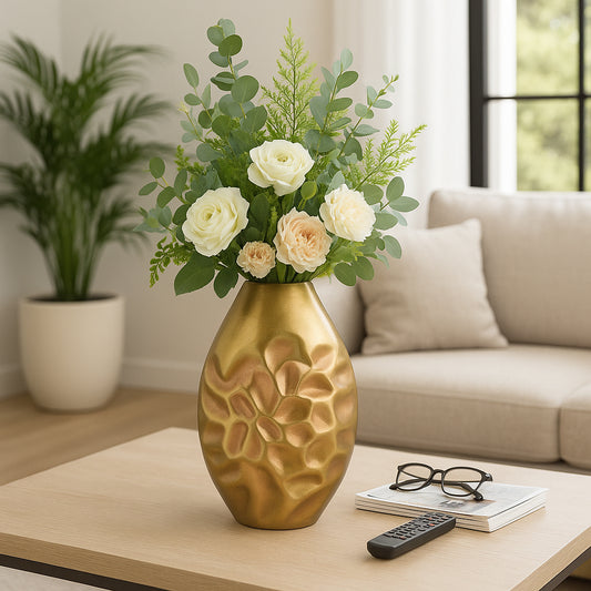 Decorative Textured Metal Vase for Living Room Decor - Modern Home Accent Perfect for Bedroom, Office, or Tabletop Decor - Stylish Sculptural Flower Vase for House Display - 15" Bronze & Copper