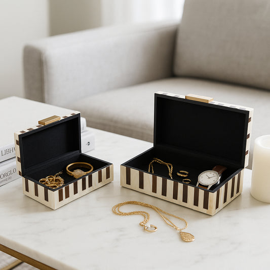 Decorative Boxes for Home Decor – Mosaic Pattern Storage Boxes with Lid and Gold Hardware for Keepsakes – Jewelry Boxes and Home Organizer for Living Room Decor; Set of 2 – 4", 3" Brown & Ivory