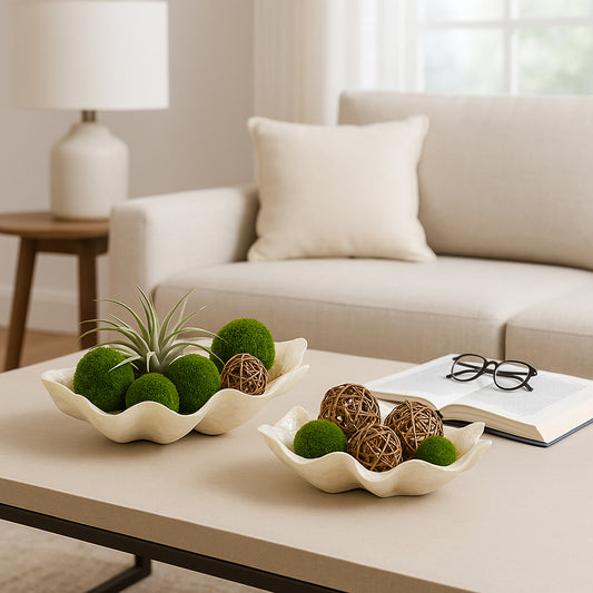Chic Shell Shape Table and Kitchen Counter Decor Bowl - Decorative Bowl for Coffee Table or Centerpiece Table Decorations - Elegant Candy or Key Bowl for Home Decor Accents - Set of 2, 7", Ivory & Tan