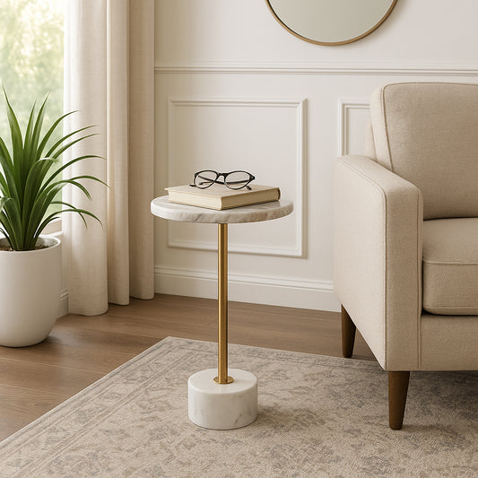Home Decor End Table, Side Table, or Night Stand - Tall Marble Accent Table with Metal Support Perfect for Small Spaces - A Modern Classic for Office, Bedroom, or Living Room Decor - 24" White & Gold