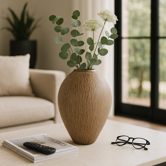 Decorative Round Vase with Vertical Line Pattern for Living Room Decor - Contemporary Tall Home Decor Accent for Bedroom, Office, and Table Decor - Stylish Vase for House Decoration - 16" Brown