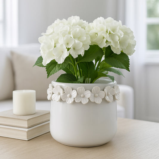 Decorative Flower Pot for Home Decor – Ceramic Indoor or Outdoor Planter with Sculpted Floral Rim for Succulents or Houseplants – Pot for Plants Perfect for Garden, Patio, or Room Decor – 5" White