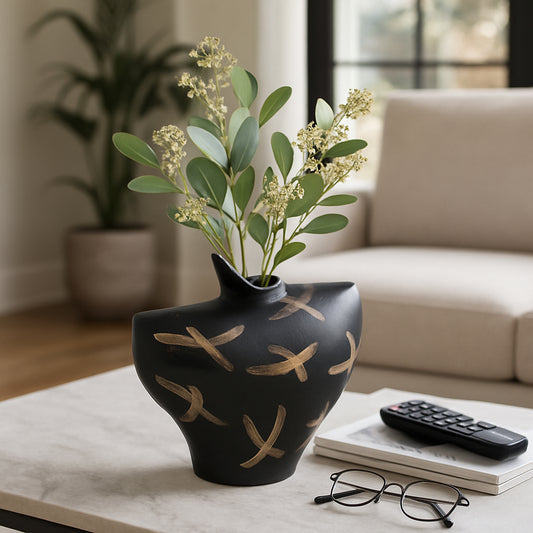 Modern Sculptural Metal Vase for Living Room Decor - Decorative Abstract Home Accent for Bedroom, Office, and Table Decor - Sculptural Flower Vase for Entryway, Shelf, or House Decor - 8" Black & Gold
