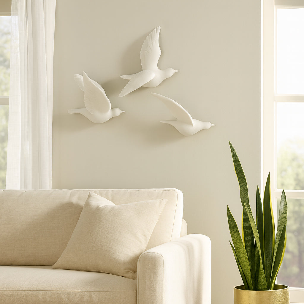 Sculptural Bird Wall Art in Flight Design - Elevated Bedroom Wall Art, Room Decor, and Home Decor Accents - Wall Hanging for Home, Bathroom, and Living Room Decor Art - Set of 3, 13", Whtie