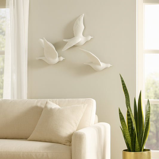 Sculptural Bird Wall Art in Flight Design - Elevated Bedroom Wall Art, Room Decor, and Home Decor Accents - Wall Hanging for Home, Bathroom, and Living Room Decor Art - Set of 3, 13", Whtie