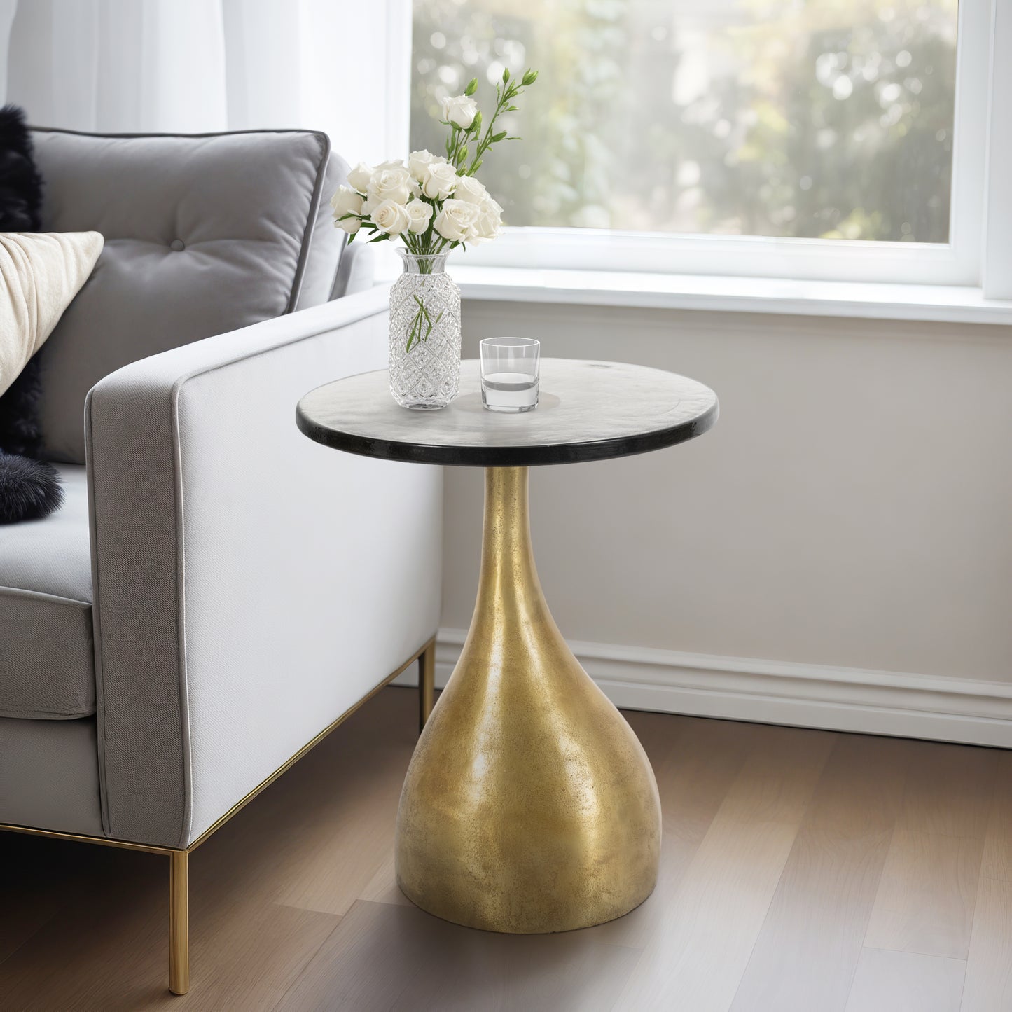 Side Table with Sculptural Teardrop Base and Glossy Round Top - Modern Accent Piece for Living Room, Small Spaces, or Home Decor - Elegant End Table or Night Stand for Bedroom - 23", Black and Gold
