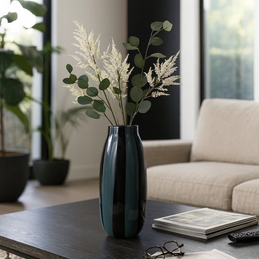 Decorative Glass Vase with Striped Finish for Living Room Decor - Modern Flower Vase for Home, Bedroom, and Office Decor - Elegant Table Centerpiece Accent or Styling for House Decor - 14" Black
