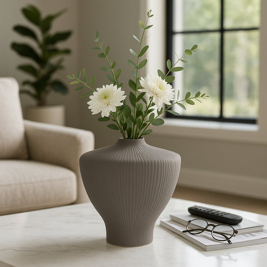 Decorative Ribbed Vase for Living Room Decor - Modern Flower Vase for Bedroom Styling, Office Spaces, or Home Decor - Sculptural Contemporary House Accent for Table Centerpiece Decoration - 11" Gray