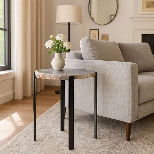 Contemporary End Table, Side Table, or Night Stand - Unique Raw Edge Agate Stone Top for Bedroom or Living Room Decor - Minimalist Home & Office Table Decor for Small Spaces - 20" Black & White