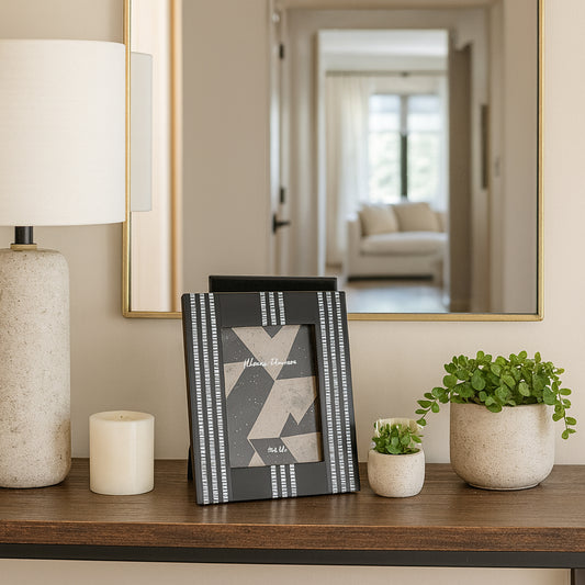 Picture Frame for Tabletop – Photo Frame with Striped Design Perfect for Travel Photos and Entryway Photo Display – Sleek Decorative Frames for Modern Living Room or Bedroom Decor – 10" Black & Ivory