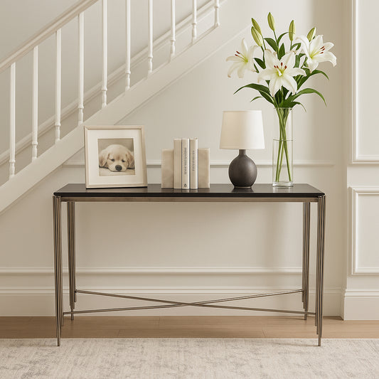 Decorative Rectangular Marble and Metal Console Table Furniture for Home Decor - Stylish Narrow Table Perfect for Living Room and Bedroom - Modern Accent for Hallway or Office - 32" Black