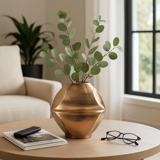 Decorative Round Metal Vase for Living Room Decor - Stylish Home Decor Accent for Office, Tabletop, and Shelf Display - Sleek Contemporary Flower Vase for Bedroom or House Decor - 14" Champagne