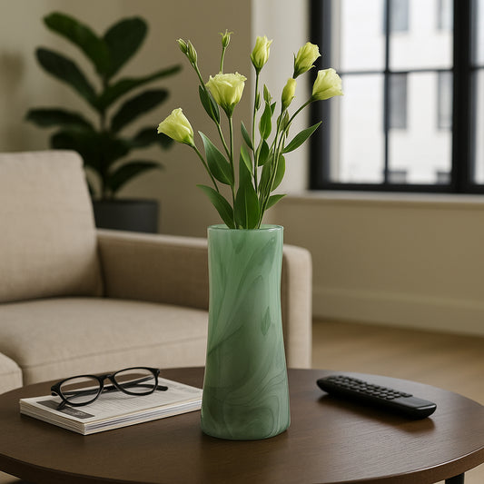Decorative Small Glass Vase for Living Room Decor - Contemporary Flower Vase for Home, Bedroom, and Office Desk Decor - Stylish House Vase for Room Accent, Shelf, and Tabletop Decor - 14" Green