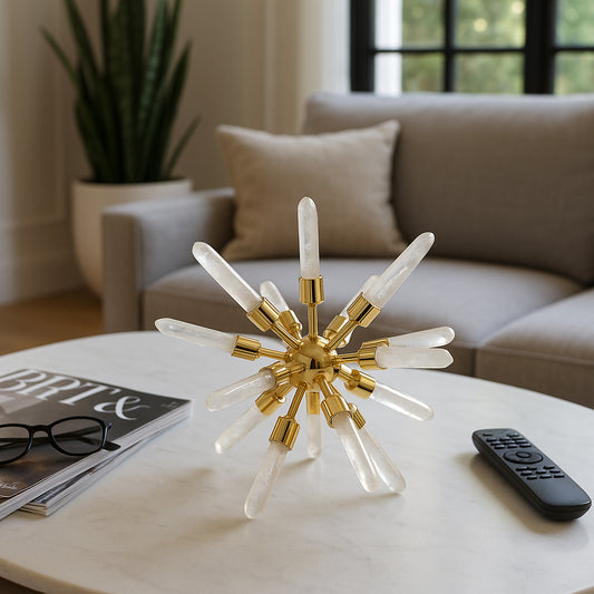 Decorative Crystal Starburst Statue for Home Decor - Stylish Sculpture Accent Perfect for Office, Shelf, and Living Room - Contemporary Ornaments for Bathroom or Coffee Table Decor - 8" Clear & Gold