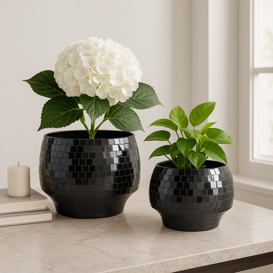 Flower Pots and Planters for Home Decor – Mosaic Indoor and Outdoor Plant Pots for Garden, Patio, or Room – Modern Pots for Indoor Plant Stand for Herbs, Succulents, or Ferns Set of 2 – 8", 6" Black
