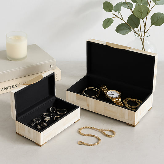Decorative Boxes for Home Decor with Lid – Mosaic Keepsake Boxes and Home Organizer with Gold Handles – Perfect Jewelry Boxes for Office, Living Room and Home Decor; Set of 2 – 5", 4" Tan & Ivory