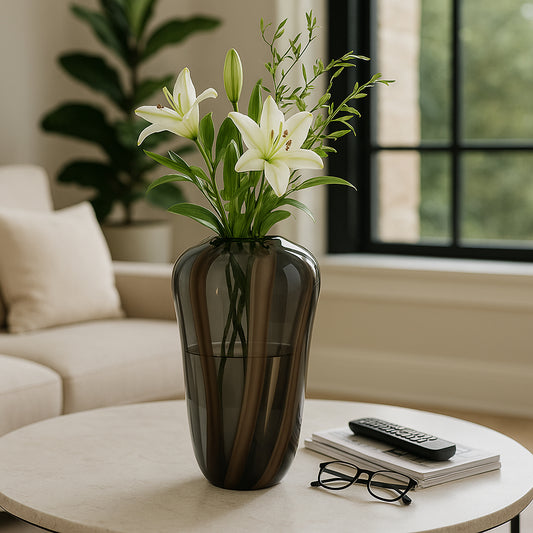 Stylish Tall Striped Glass Vase for Living Room Decor - Minimalist Flower Vase Ideal for Home, Entryway, and Bedroom - Artistic House Accent for Table Centerpiece or Office Decor - 13" Brown