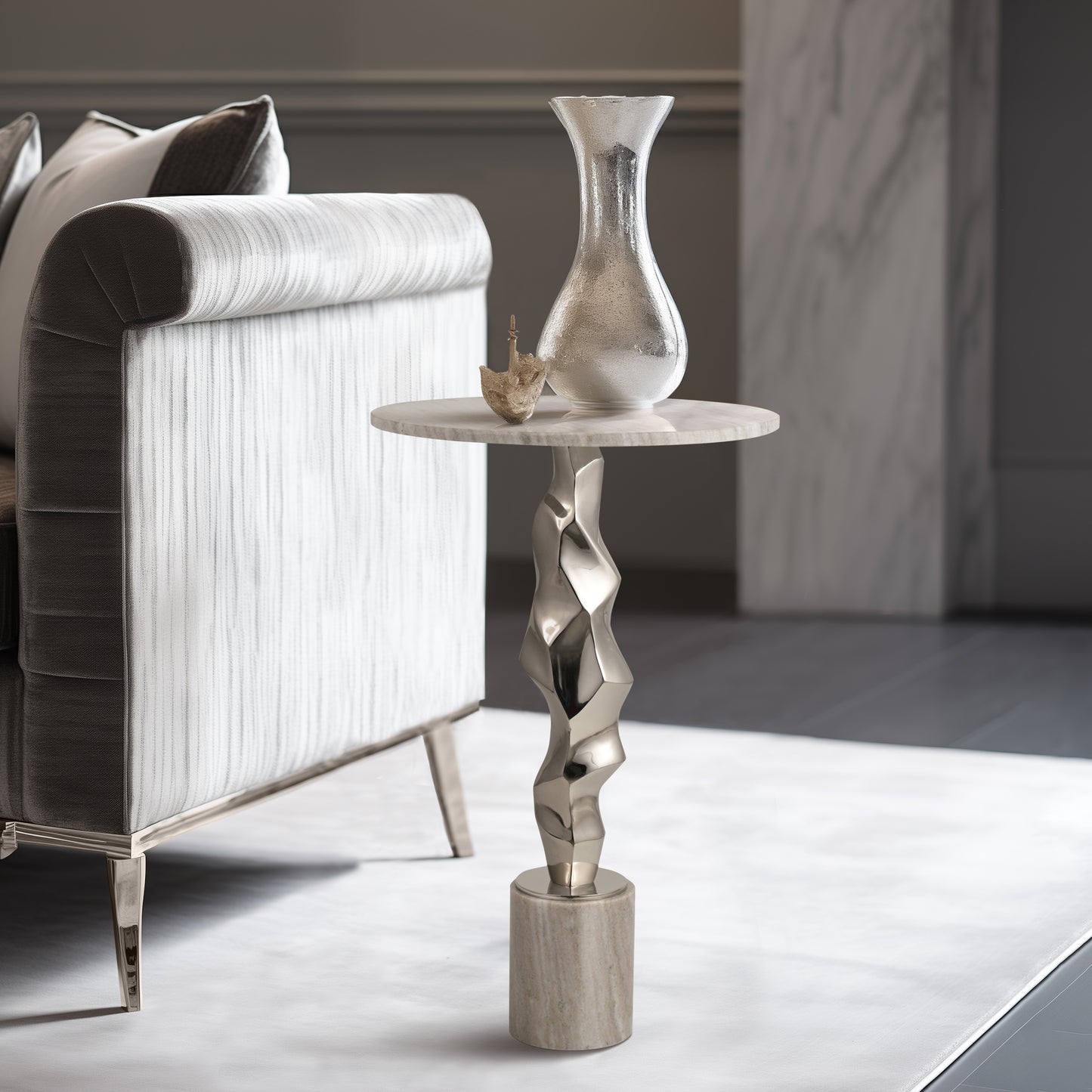 Luxury End Table, Side Table, or Night Stand - Elegant Sculptural Metal Base with Marble Top Perfect for Big or Small Spaces - Elevates Your Modern Home, Bedroom, or Living Room Decor - 25" Silver