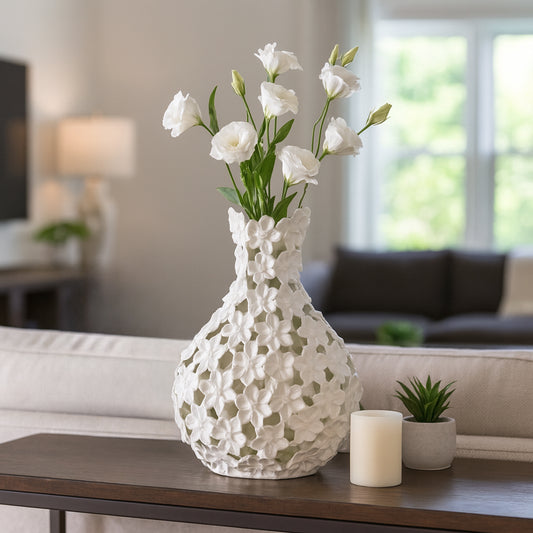 Flower Vase for Living Room Decor – Sleek Metal Vase with Intricate Sculpted Floral Pattern Ideal for Home and Office Decor – A Vase That Blooms All Year for Your Bedroom, Table, and Shelf – 15" Ivory