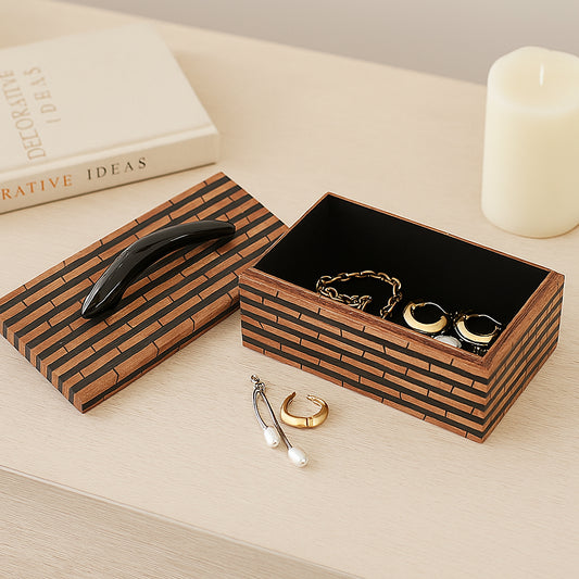 Decorative Box for Home Decor with Lid – Elegant Wood Pattern Keepsake Box with Sculptural Accent Handle – Jewelry Storage Box and Functional Home Organizer for Entryway or Shelf – 8" Brown & Black