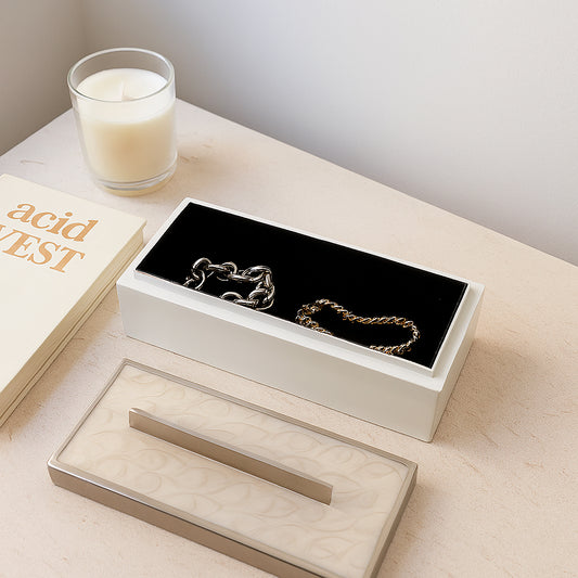 Decorative Box with Lid for Home Decor – Chic Storage Box Accent for Keepsakes and Accessories – Long Jewelry Box and Home Organizer for Dresser, Office Desk, or Coffee Table – 7" White & Silver