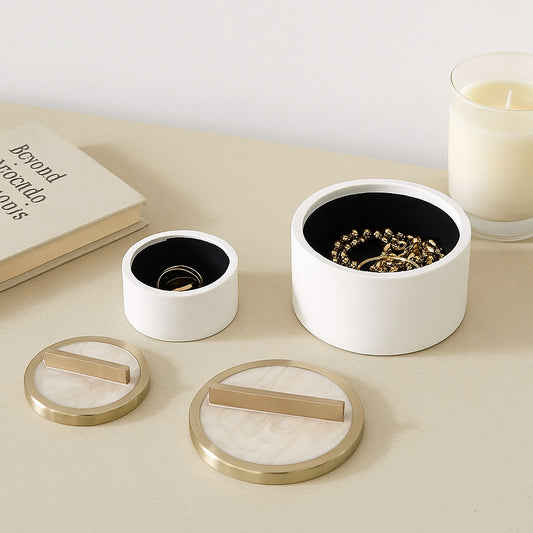 Decorative Boxes for Home Decor – Round Jewelry Storage Boxes with Lid for Keepsakes and Accessories – Modern Home Organizer Perfect for Entryway, Shelf or Vanity Decor; Set of 2 – 6", 5" White