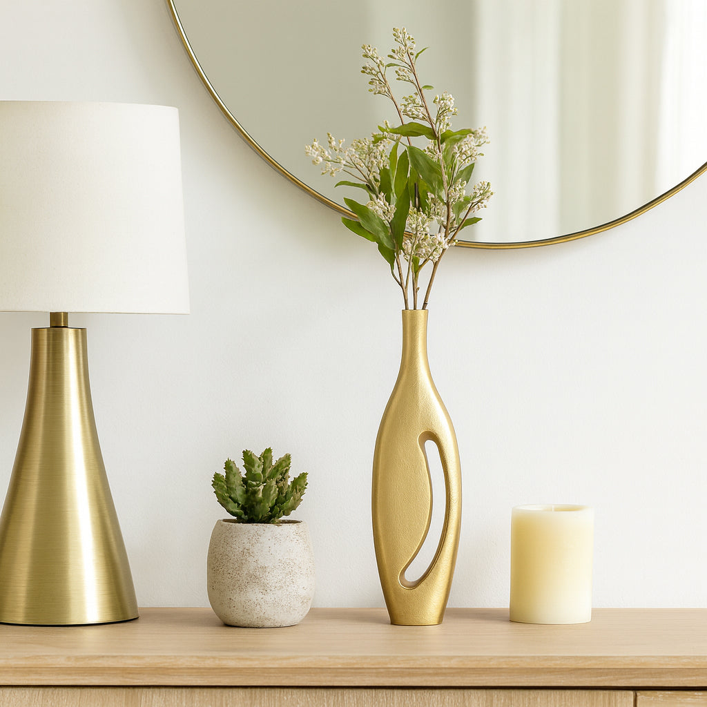 Modern Flower Vase for Living Room Decor – Sleek Metallic Table Vase with Cutout Design for Pampas Grass, Faux Stems, or Fresh Flowers – Perfect Accent for Home, Office, and Bedroom Decor – 23" Gold