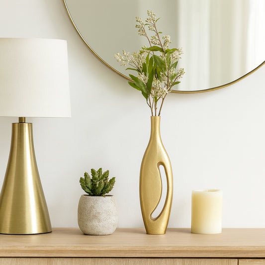 Modern Flower Vase for Living Room Decor – Sleek Metallic Table Vase with Cutout Design for Pampas Grass, Faux Stems, or Fresh Flowers – Perfect Accent for Home, Office, and Bedroom Decor – 23" Gold