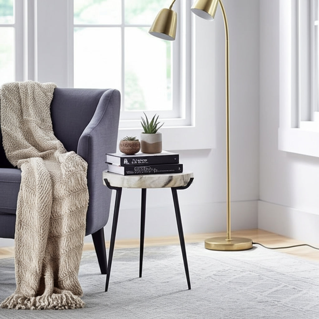 Classy Side Table, End Table, or Small Night Stand - Marble Accent Table with Three Slim Metal Legs Ideal for Small Spaces - Sleek Design for Home, Bedroom, and Living Room Decor - 21" White & Black