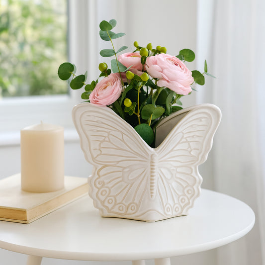 Decorative Ceramic Flower Pots for Home Decor – Indoor and Outdoor Planters with Butterfly Design for Succulents and Garden Plants – Cute Plant Pots for Garden, Patio or Room Decor – 6" Ivory & Tan