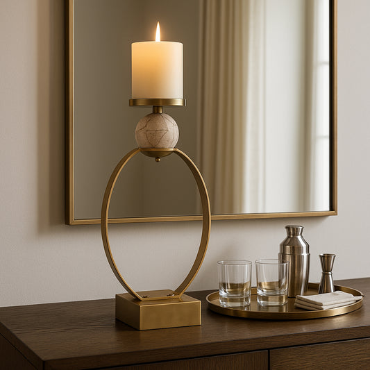 Sculptural Candle Holder with Marble Sphere Accent - Elegant Pillar Candlestick Holder for Table Centerpiece or Entryway Table Decor - Decorative Home Decor Accent for Living Room Styling - 21" Gold