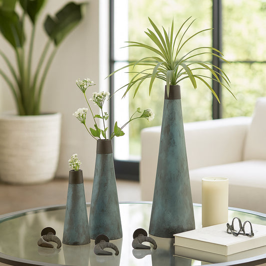Decorative Metal Flower Vases with Removable Lid for Living Room Decor - Unique Home Decor for Bedroom, Office, or Table - Modern House Vases for Room Display Set of 3 - 23", 20", 16" Green