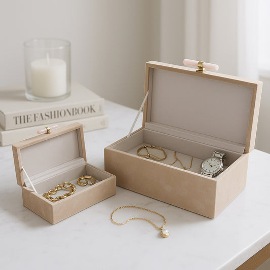 Elegant Suede Decorative Boxes with Stone Hardware Handle - Functional Decor Box with Lid Perfect for Jewelry, Storage, and Keepsake - Decorative Boxes for Home Organizer Decor - Set of 2, 6", Tan