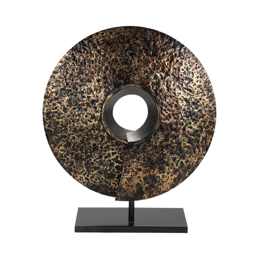 Ness & Jord Iron Disc With Stand Decoration, 18" Height, Timeless Black and Gold, Elegant Sculpture for Modern Home Decor, Durable Iron Construction