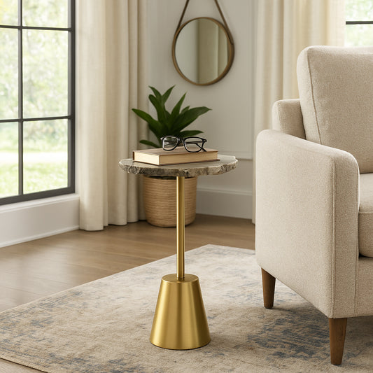 Classy End Table, Side Table, or Night Stand - Raw Agate Drink Table with Slim Metal Base Perfect for Small Spaces - Bold Accent for Modern Office, Living Room, or Bedroom Decor - 24" Ivory & Gold