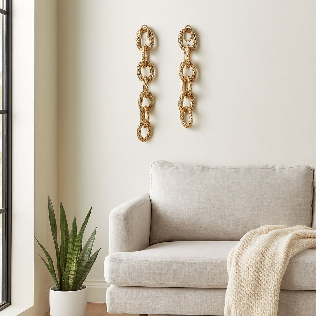 Elegant Room Decor Wall Hanging Chain Design - Home Decor Accent for Living Room Decor and Bedroom Accent As Wall Art - Hanging Wall Decor Perfect Bathroom and Home Decor Accent - Set of 2, 34", Gold