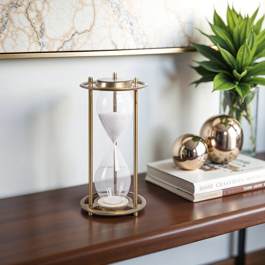 Modern Decorative Object with Metal Aluminum Frame and Glass Hourglass Design for Contemporary Display