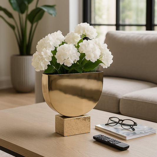 Decorative Metal Vase with Narrow Pedestal Base for Living Room Decor - Stylish Home Decor Accent Perfect for Office, Table, or Bedroom Decor - Modern Sculptural Vase for Room Display - 14" Gold