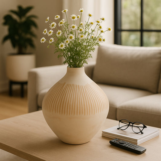Decorative Rustic Inspired Glass Vase for Living Room Decor - Elegant Modern Flower Vase for House, Bedroom, and Office Decor - Cute House Accent for Mantel or Table Centerpiece - 14" Ivory & Tan