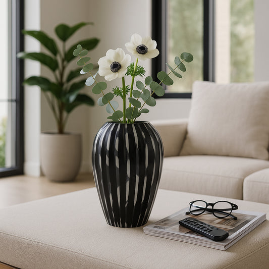 Decorative Glass Vase with Vertical Stripe Pattern for Living Room Decor - Contemporary Home Decor Accent for Bedroom, Console Display, or Office - Perfect House Vase Decoration - 13" Black