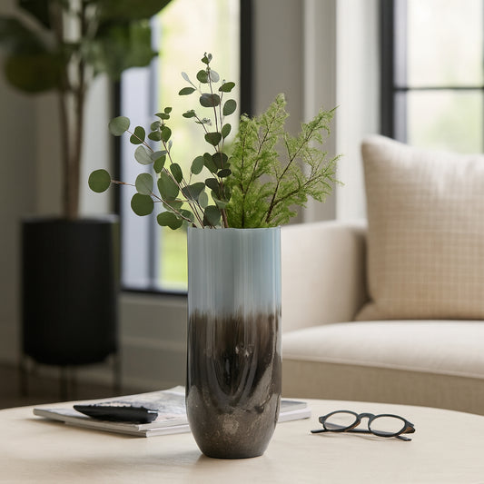 Decorative Large Glass Vase for Living Room Decor - Contemporary Flower Vase for Home, Bedroom, and Office Desk - Stylish House Accent for Room, Shelf, and Tabletop Decor - 14" Blue & Black