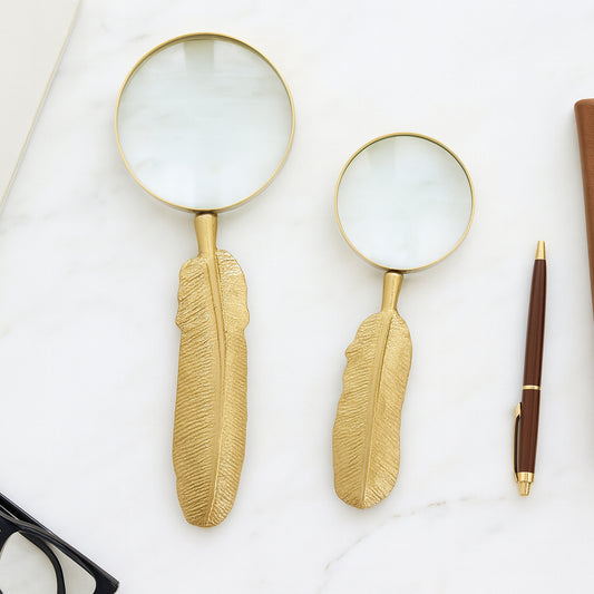 Home and Office Decorative Sculptures – Magnifying Glass with Feather Handle for Coffee Table, Shelf, and Living Room Decor – Functional Ornaments That Elevates Every Surface Set of 2 – 10", 8" Gold