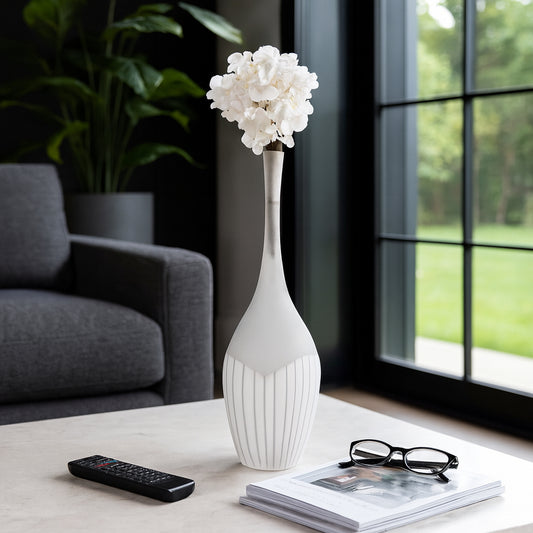 Minimalist Glass Bottle Vase for Living Room Decor - Decorative Modern Home Accent Perfect for Bedroom, Office Styling, and Table - Elegant Contemporary Flower Vase for House Decor - 17" White