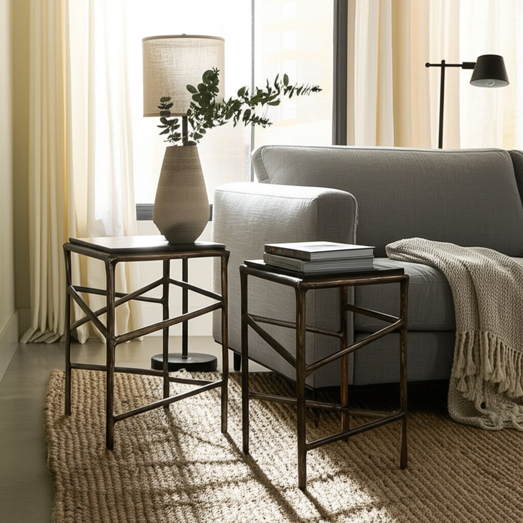 Home Decor End Tables, Side Tables, or Night Stands - Sleek Marble Nesting Tables with Metal Frames for Small Spaces - Industrial Accent Tables for Living Room or Bedroom Set of 2 - 25", 23" Black