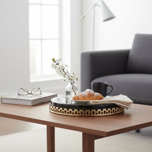 Decorative Round Glass Tray with Edge Design for House Decor - Modern Home Accent for Jewelry, Bed, or Trinket Dish - Stylish Centerpiece Table Decoration or Bathroom Vanity Tray - 16" Gold & Black