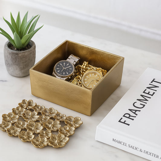 Elegant Floral Decorative Box with Lid for Home Decor - Stylish Flower Cut Out Metal Design Perfect for Keepsake and Storage - Decor Box for Home Organizer or Bedroom Jewelry Display - 3.5", Gold