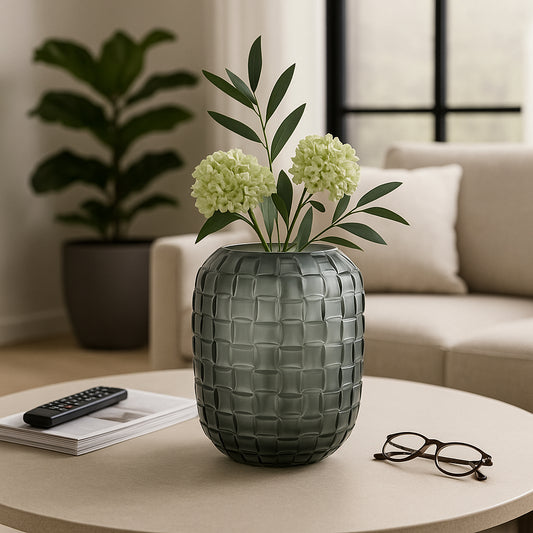 Decorative Glass Vase with Woven Finish for Living Room Decor - Modern Flower Vase for Home, Bedroom, and Office Decor - Elegant Table Centerpiece Accent or Styling for House Decor - 9", Gray
