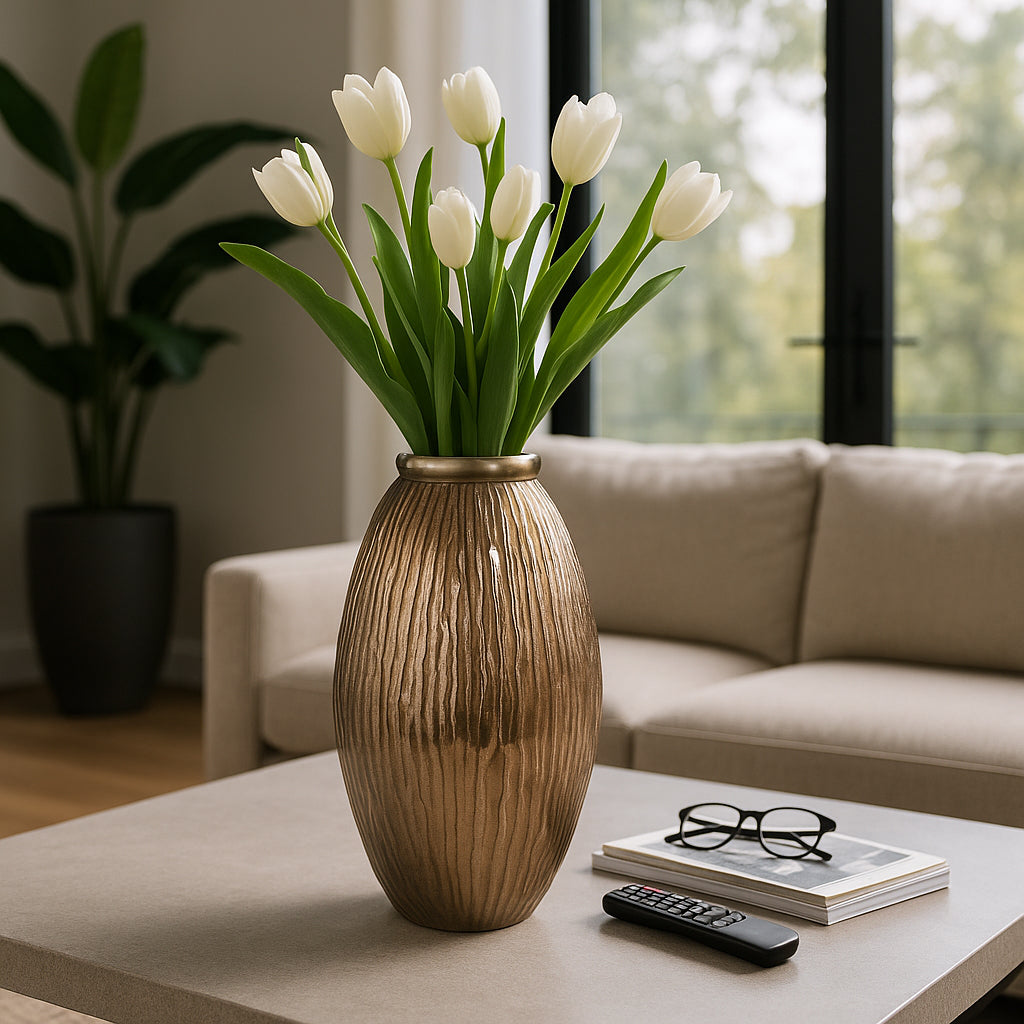 Modern Metal Vase with Textural Finish for Living Room Decor - Decorative Flower Vase for Bedroom, Home, and Office Accent - Stylish Sculptural Room Vase for House and Table Decor - 18" Champagne