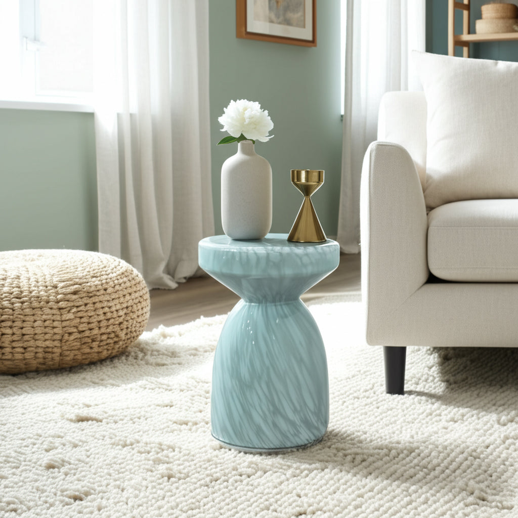 Room Decor Side Table, End Table, or Night Stand - Aesthetic Glass Accent Table with Artistic Patterned Body for Office, Living Room, or Bedroom - Endless Style for Big or Small Spaces - 20" Blue