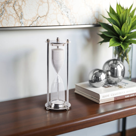 Decorative Hourglass Object Metal Glass Aluminum Modern Sand Timer Design Metallic Finish Home Office Bedroom Living Room Decor - 11" Silver